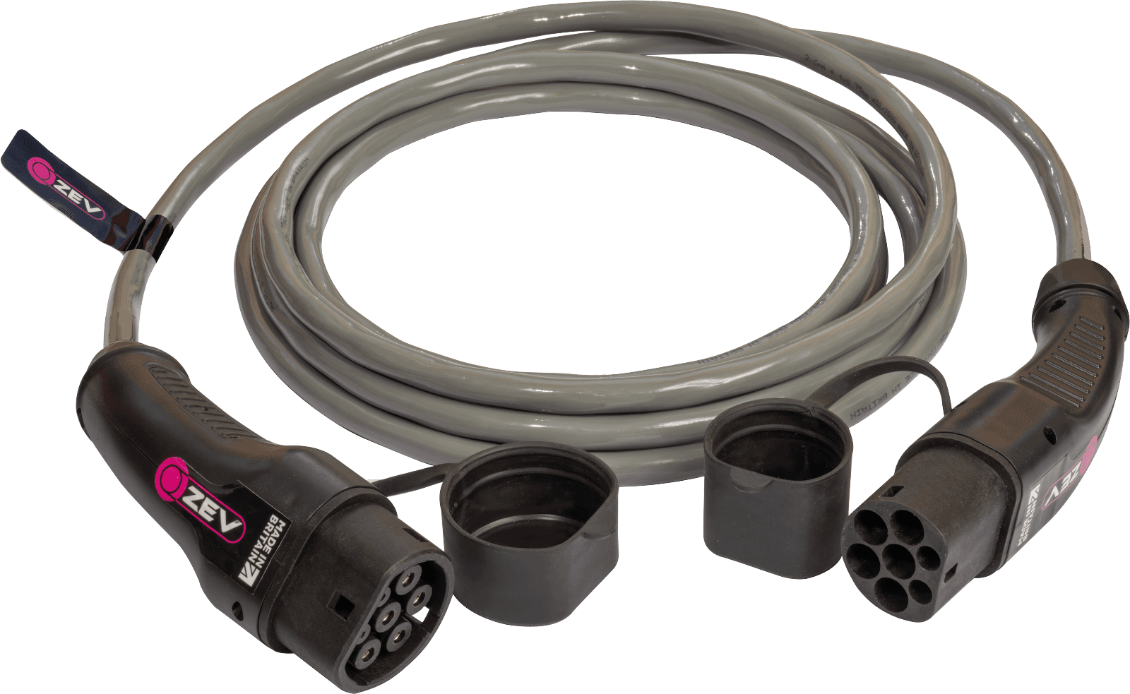Zev Type 2, 32A, Single Phase EV Charging Cable, Straight, Discrete 5m - Grey
