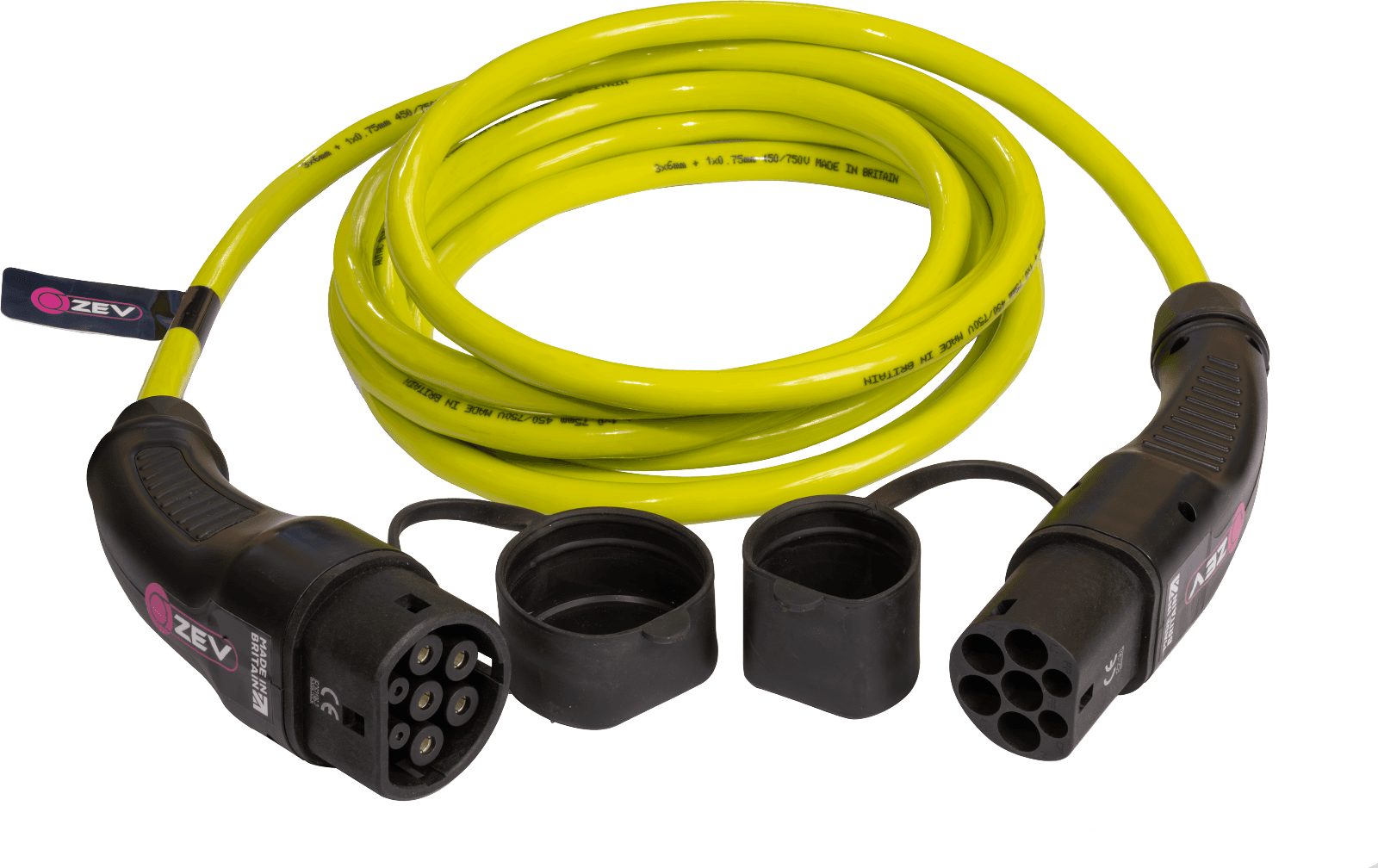 Zev Type 2, 32A, Single Phase EV Charging Cable, Straight, Hi-vis Lime Green 5m
