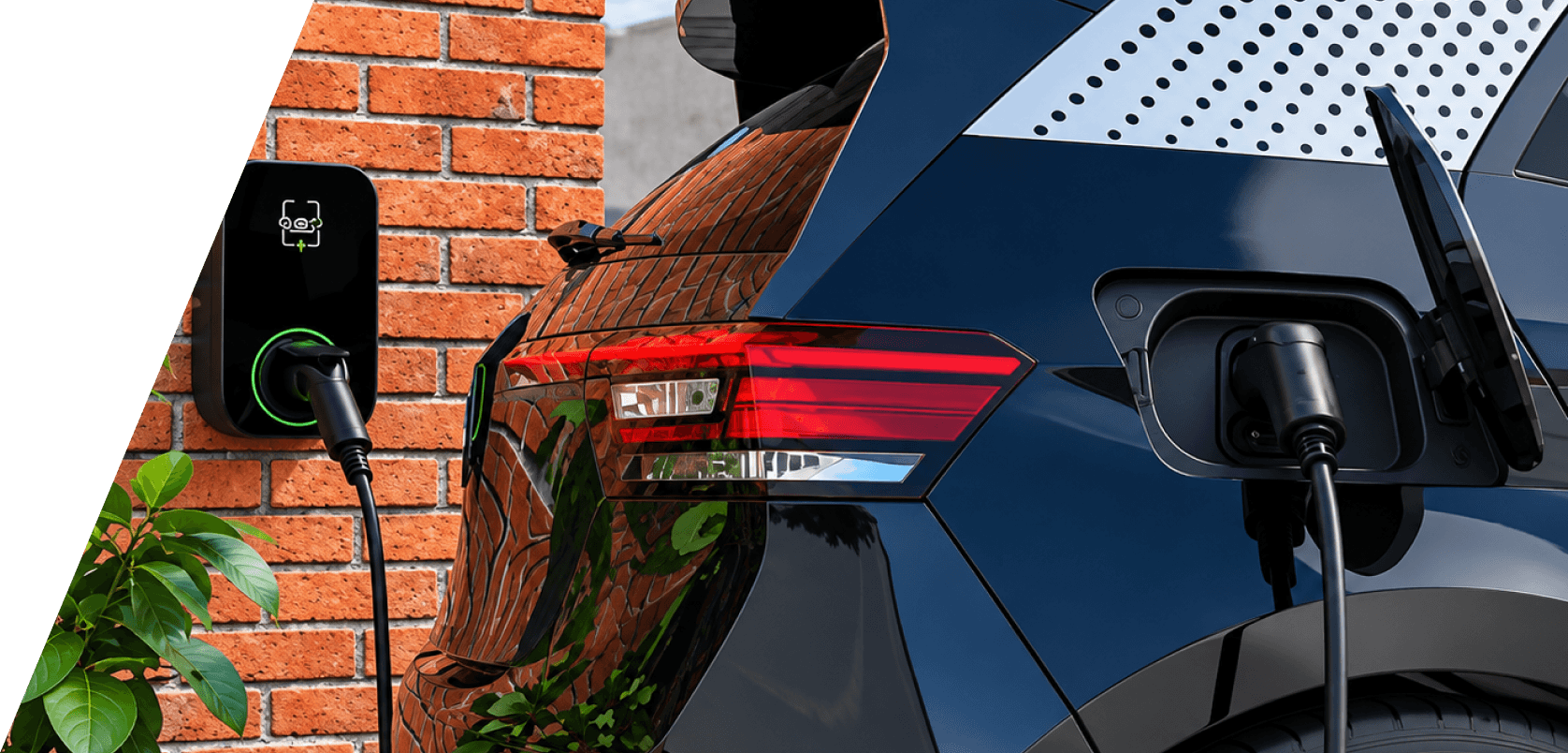 Dark blue EV charging from a wall-mounted charger on a red brick wall